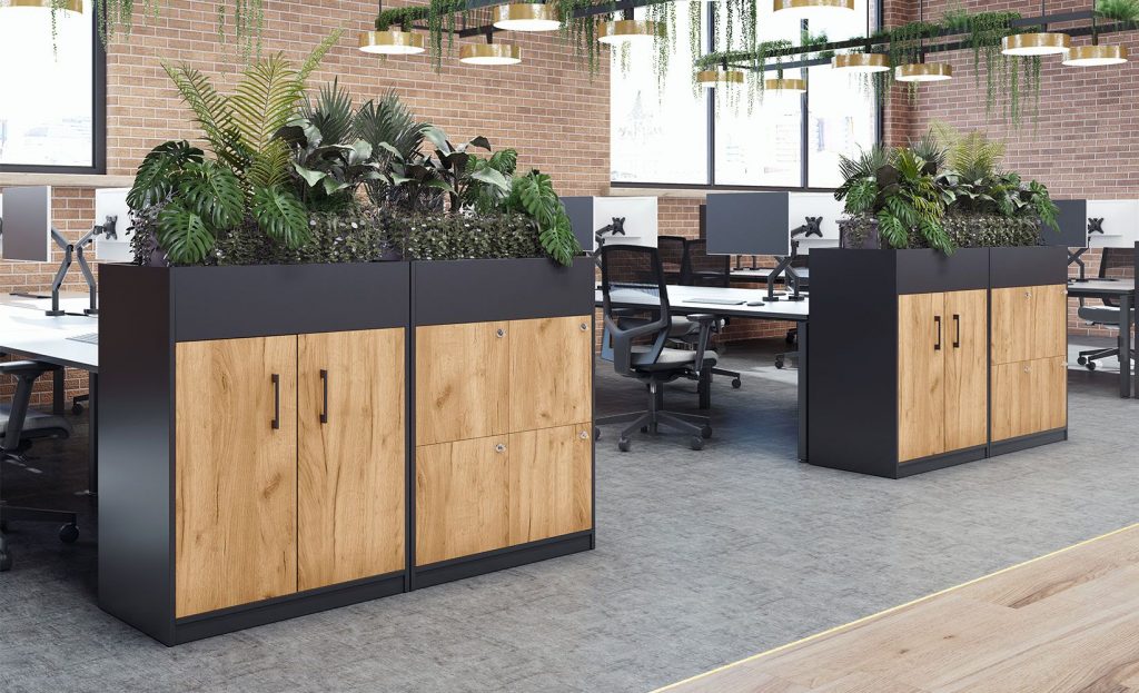 desk end cupboards with plants