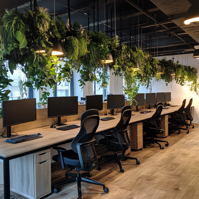 Biophilic office design with hanging plants