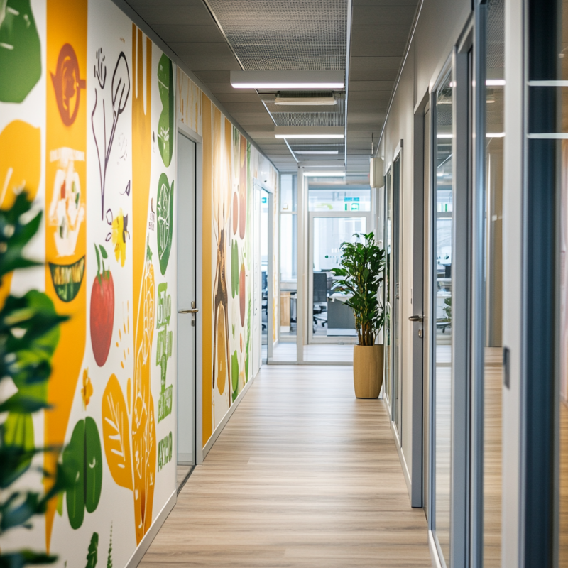 Office with sustainability graphics and signage