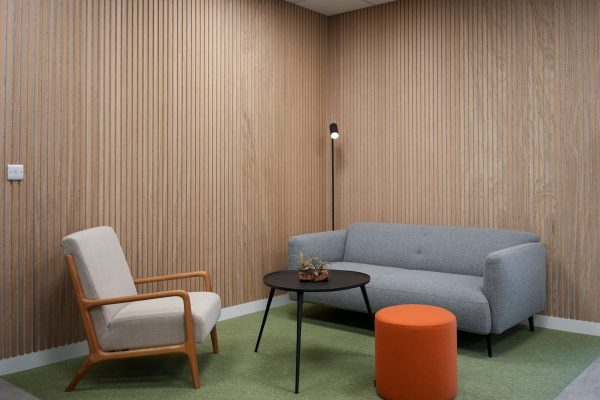 Soft seating area with natural wood cladding behind